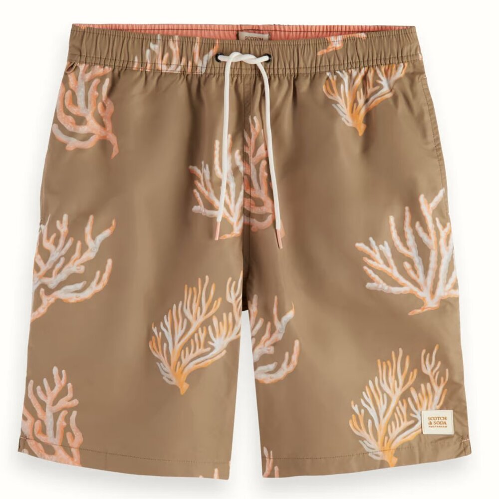 Scotch and Soda Long Length Swim Short Taupe Coral AOP